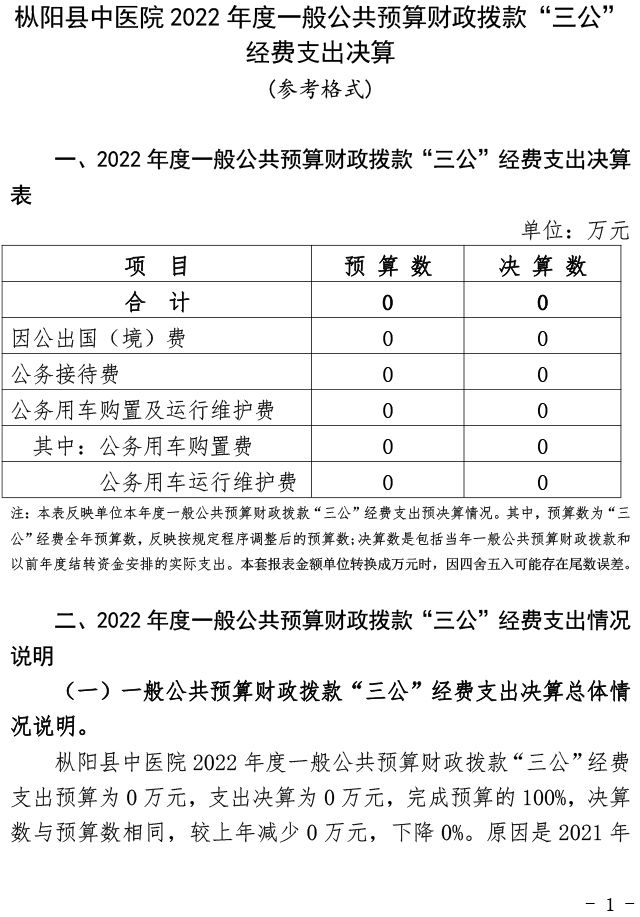 枞阳县中医院2022年度一般公共预算财政拨款“三公”经费支出决算