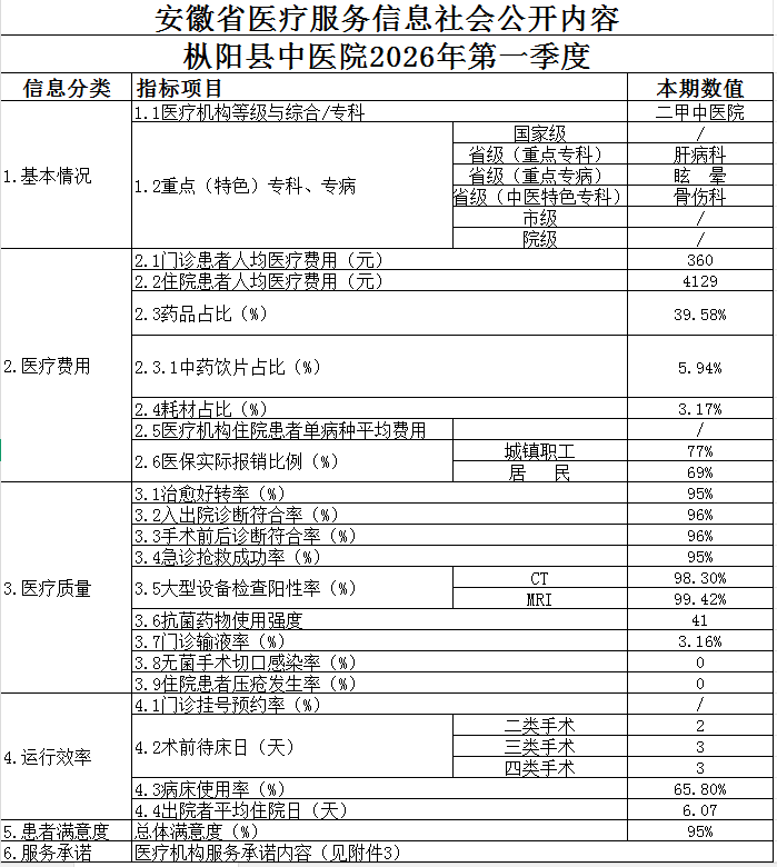 枞阳县中医院2026第一季度医疗服务信息公开